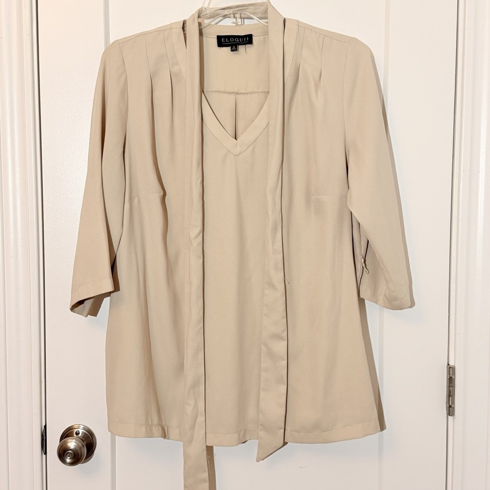 Eloquii Plus 18W Beige Solid V-Neck 3/4 Sleeve Tie Sash Blouse Polyester